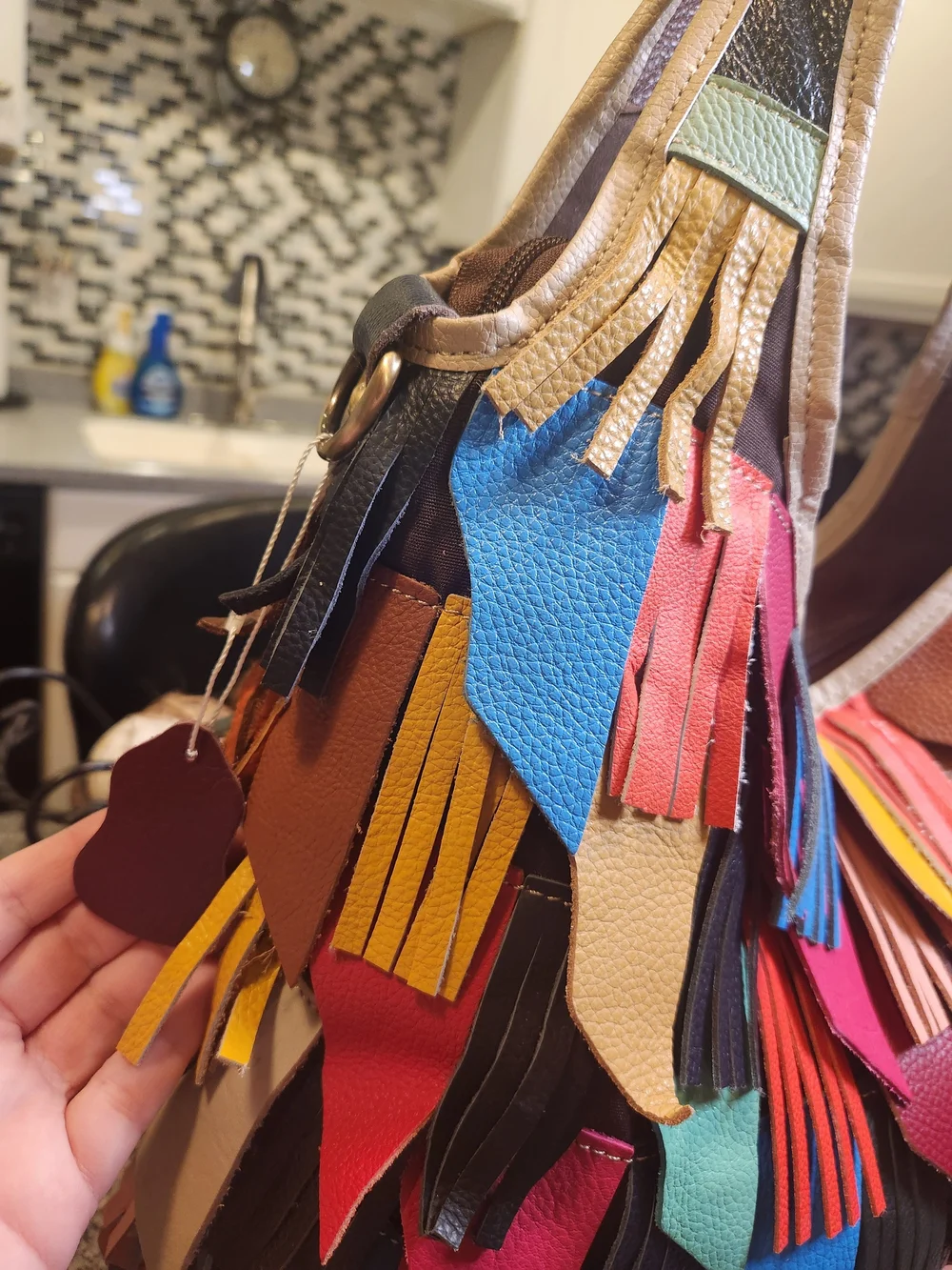 Leather Patchwork Fringe Boho Hobo Shoulder Bag - Picture 4 of 12